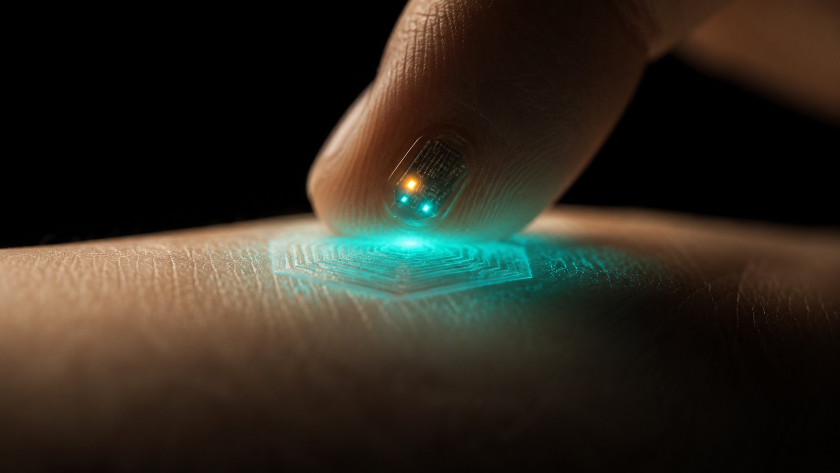 Fingertip chip activating an RFID skin patch — the interface disappears into the body