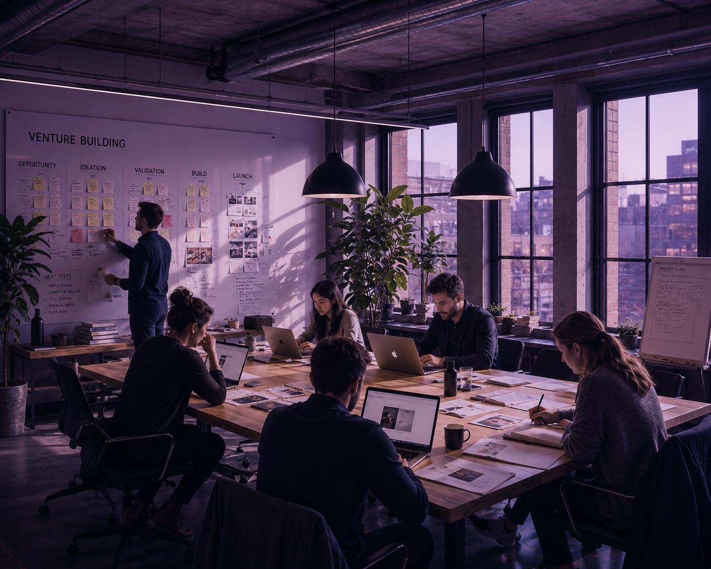 Venture building — whiteboards, prototypes, and product decisions in progress