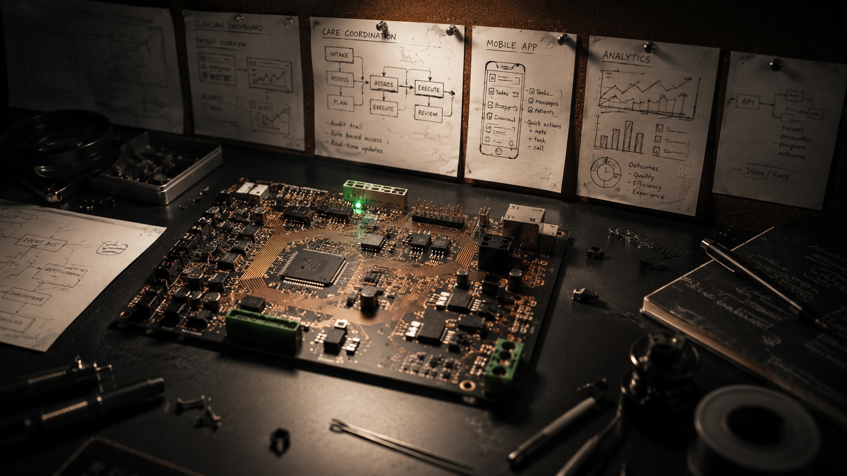 Electronics workbench with circuit boards and hand-sketched wireframes